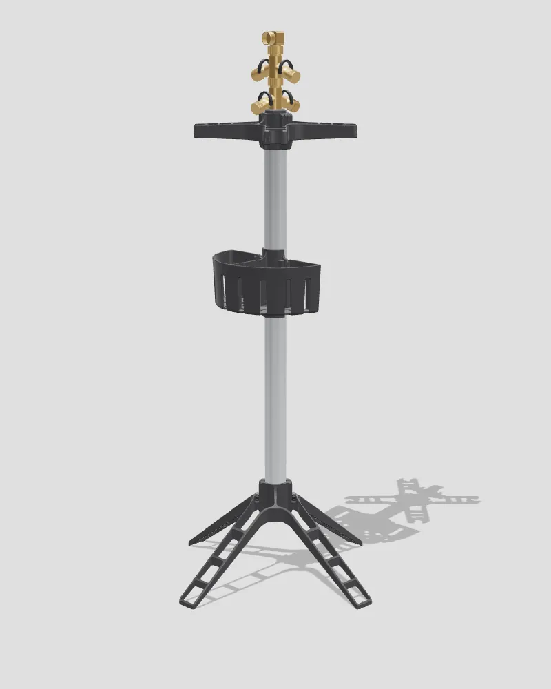 The freestanding water station: a post on four legs with arms at the top, a basket and brass hose outlets